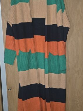 Long Open-Front Striped Cardigan Sweater - Green, Orange, Tan, Navy